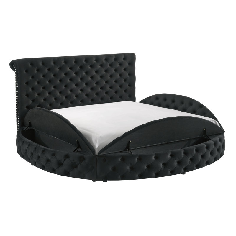 Lit de rangement capitonné rond en velours noir 1pc, Grand lit