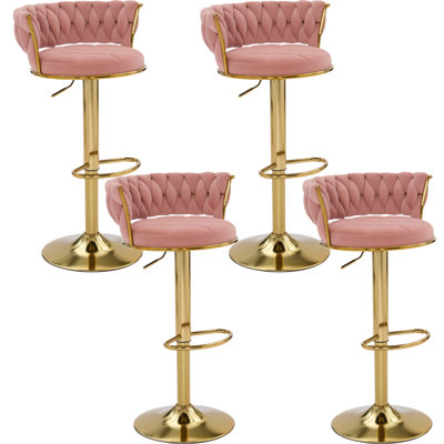 Upholstered Bar Stool Set Of 4, Velvet Swivel Barstools, Height Adjustable Counter Stools With Woven Backrest