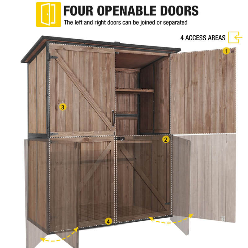 Armoire de rangement extérieure améliorée avec armature en métal solide et rangement pour outils de jardin avec tablettes réglables et plancher en bois brun foncé