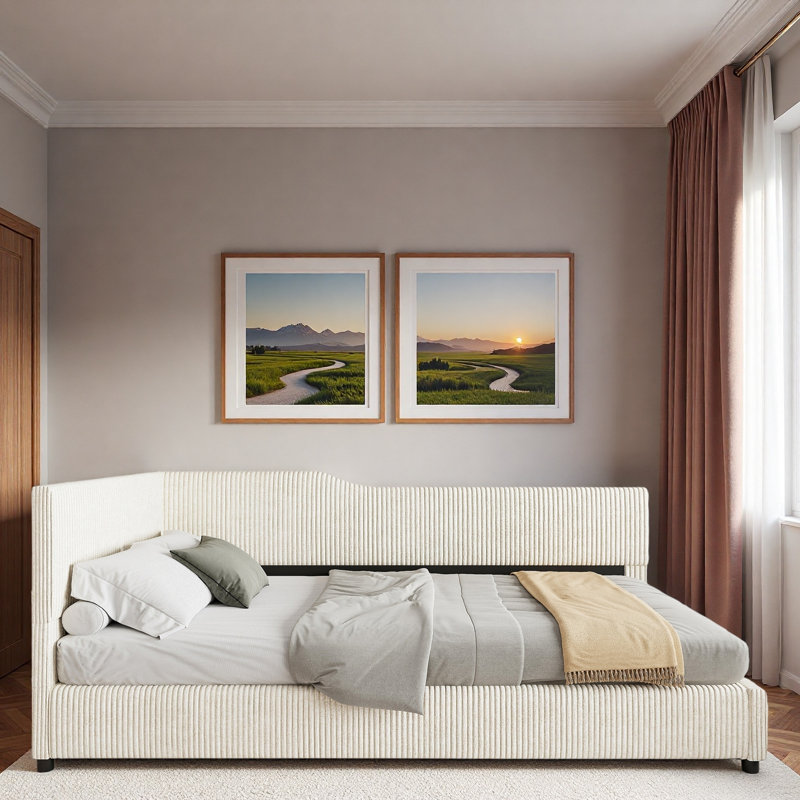 Lit de jour en L en velours côtelé avec cadre solide et décoration rayée, Beige