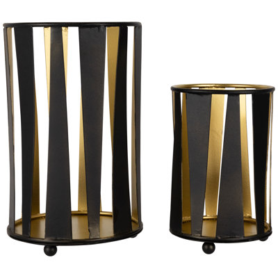Abstract Iron Pillar Candle Holders - 9" - Black And Gold Finish - Set Of 2