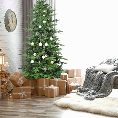 Arbre de Noël vert 6,5 pi en PVC + PE avec 2142 pointes - Arbre à charnières plein et luxuriant avec support en métal, assemblage facile, conception d'aiguille mixte réaliste