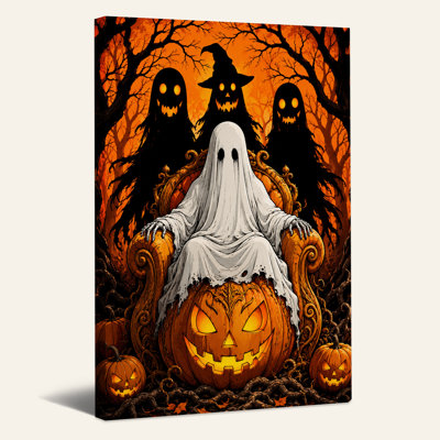 Toile fantôme sur un trône de citrouille avec des sorcières effrayantes à l'Halloween
