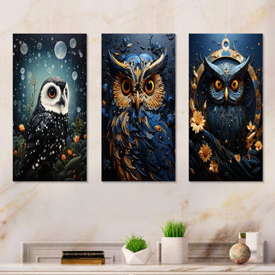 Noir Watcher Owl At Twilight - Owl Metal Wall Art Living Room Set Of 3