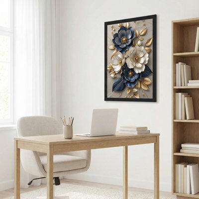 Toile noire encadrée en bois noir pour le salon, la chambre à coucher, le bureau ou le vestibule - décoration murale décorative avec art floral