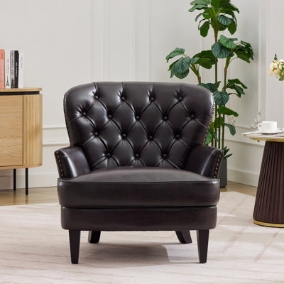 Fauteuil Relax avec garniture cloutée, pieds en bois massif, revêtement brun foncé, siège ergonomique confortable pour le dos et la détente
