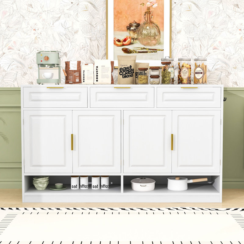 Farmhouse Sideboard with 3 Drawers, Adjustable Shelves and Open Storage, White