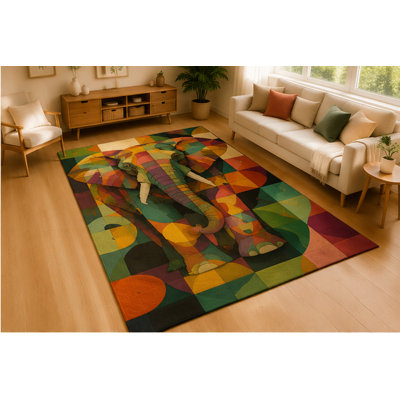 "Ultra Light Weight" 5' x 7' Elephant Colorful Abstract Area Rug for Living Room Soft Low Pile Indoor Rug with Non-Slip Silicone Backing Modern Animal Carpet for Bedroom Kids Room Playroom Decor Multicolor