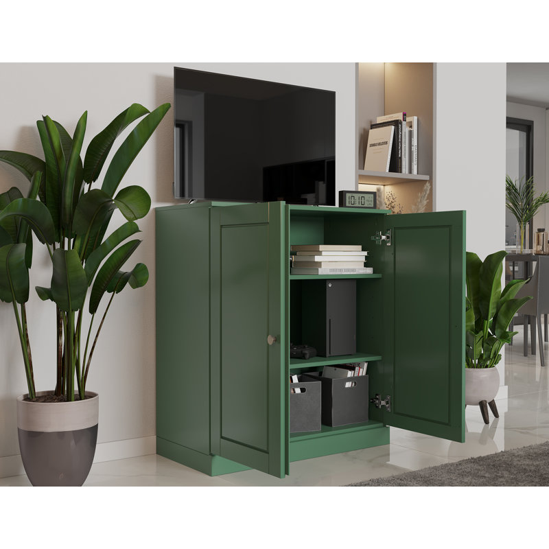 Meuble télé 100% bois massif, console de téléviseur de 32 po de largeur avec portes à panneau surélevé et rangement, Vert