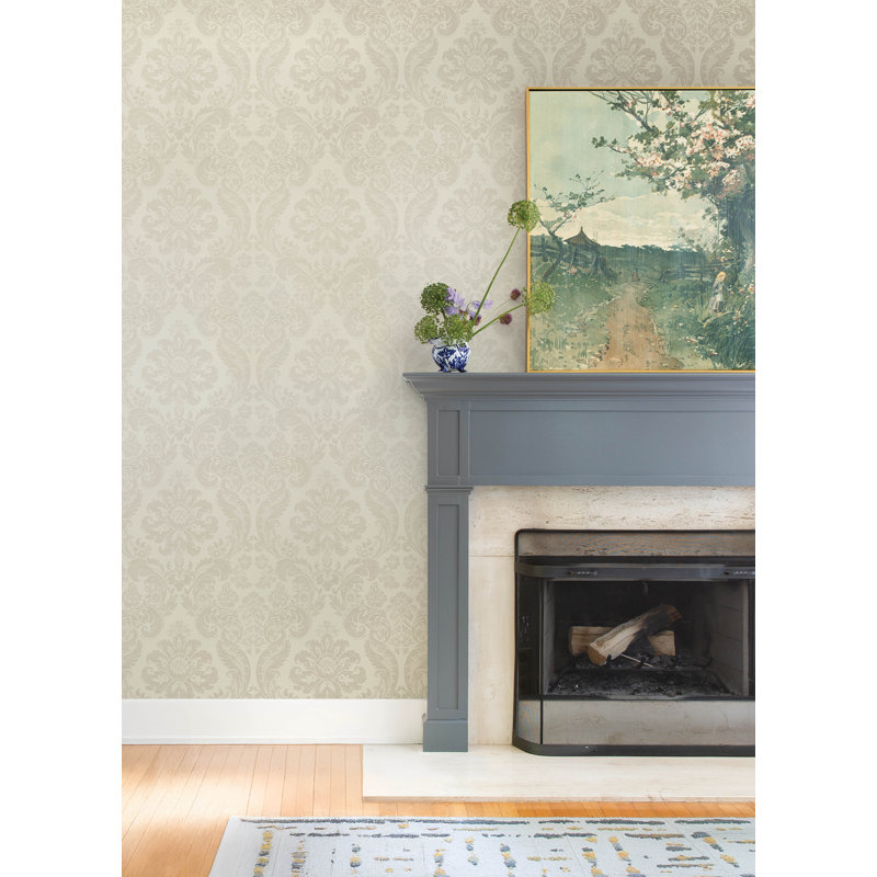 Shadow Black Flocked Damask Wallpaper, White