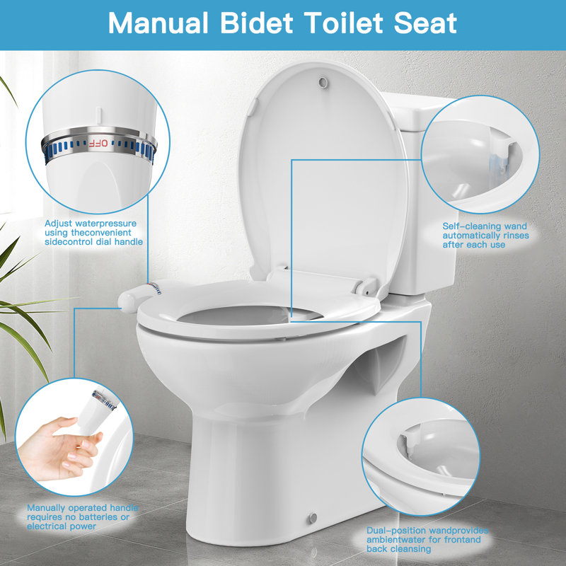 Siège de toilette 17 po à fixation bidet, pour toilette avec buses autonettoyantes, siège de toilette à fermeture lente