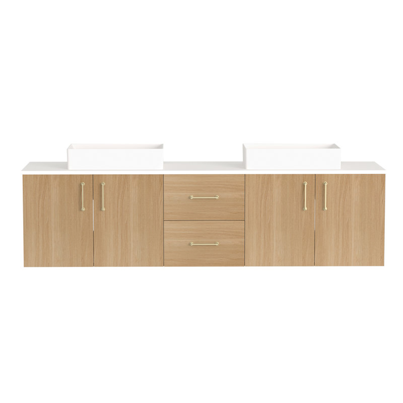 Meuble-lavabo mural 72 po avec comptoir en pierre de quartz blanc et double vasque carrée en céramique