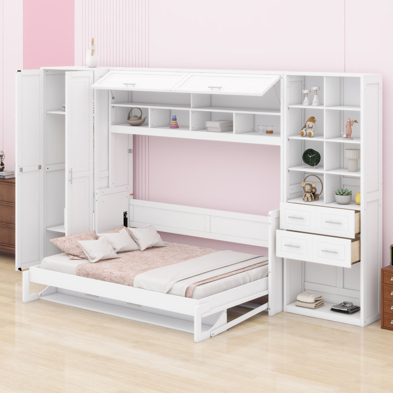 Lit escamotable Murphy avec placard, tiroirs et tablettes, Blanc, Grand lit