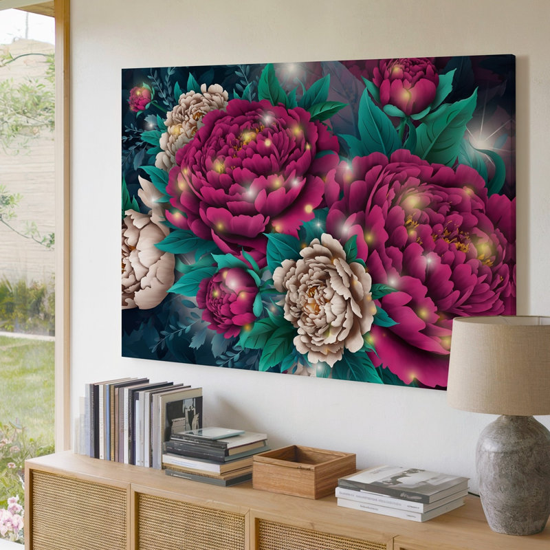 Toile Une composition vibrante de pivoines surdimensionnées remplit le cadre mettant en vedette des pétales richement texturés en magenta foncé sur toile tendue