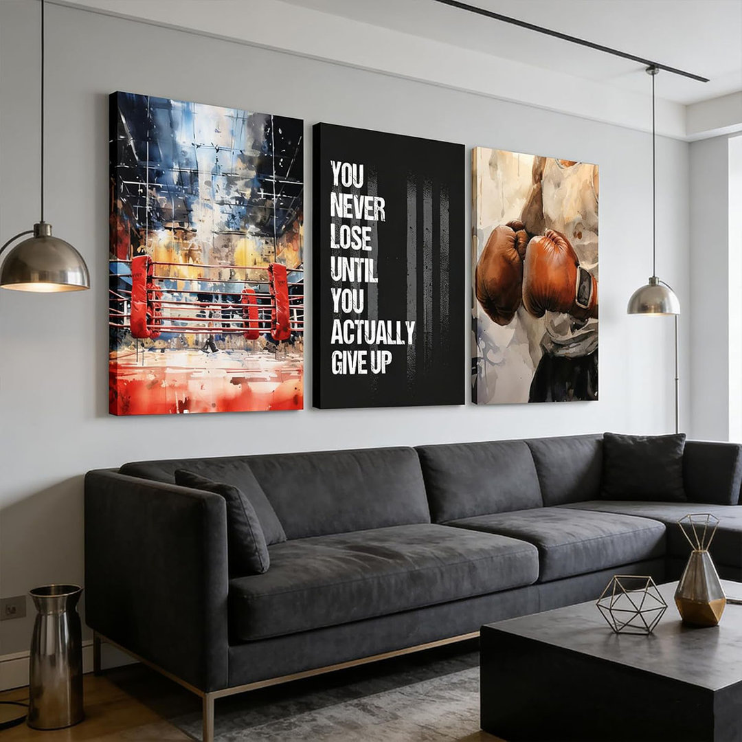 Boxing Motivational Canvas Wall Art Set Of 3 Modern Competitive Sports Inspirational Quotes Picture Wall Decor Boxing Fitness Lovers Poster Prints Art