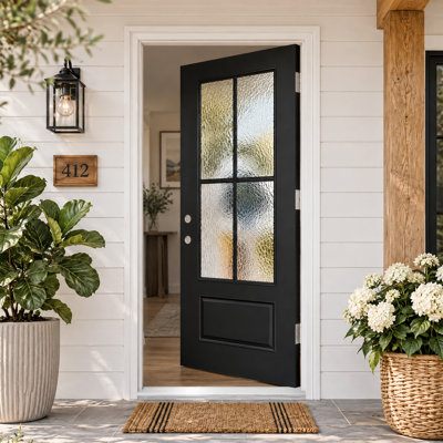 Porte d'entrée moderne noir mat, 4 panneaux en verre de pluie, cadre de porte blanc fini pour l'entrée à la maison