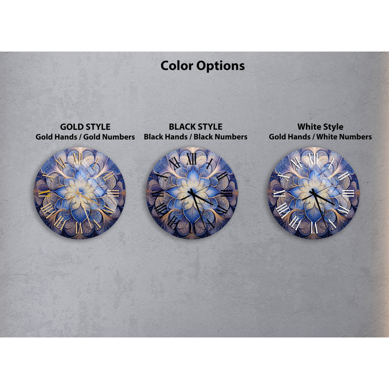 Horloge murale symétrique kaléidoscope en verre trempé à motif floral bleu et doré, Noir