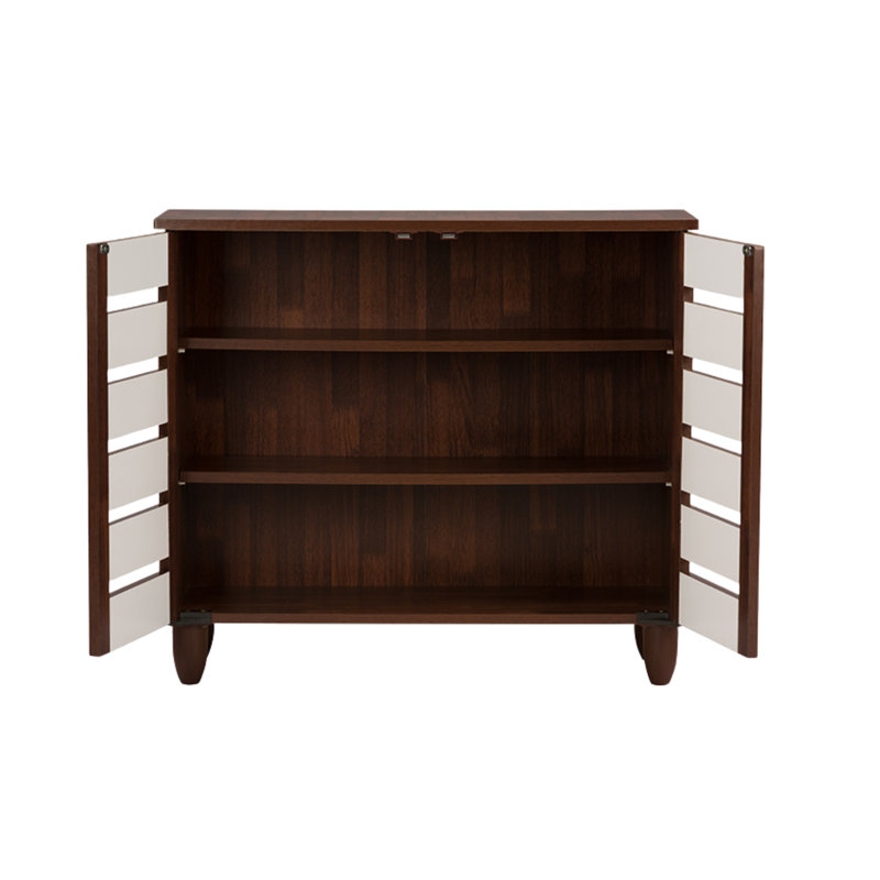 Armoire de rangement pour chaussures 9 paires avec 2 portes et 3 tablettes en brun et blanc, H 26,33 po x l 29,95 po x P 13,1 po