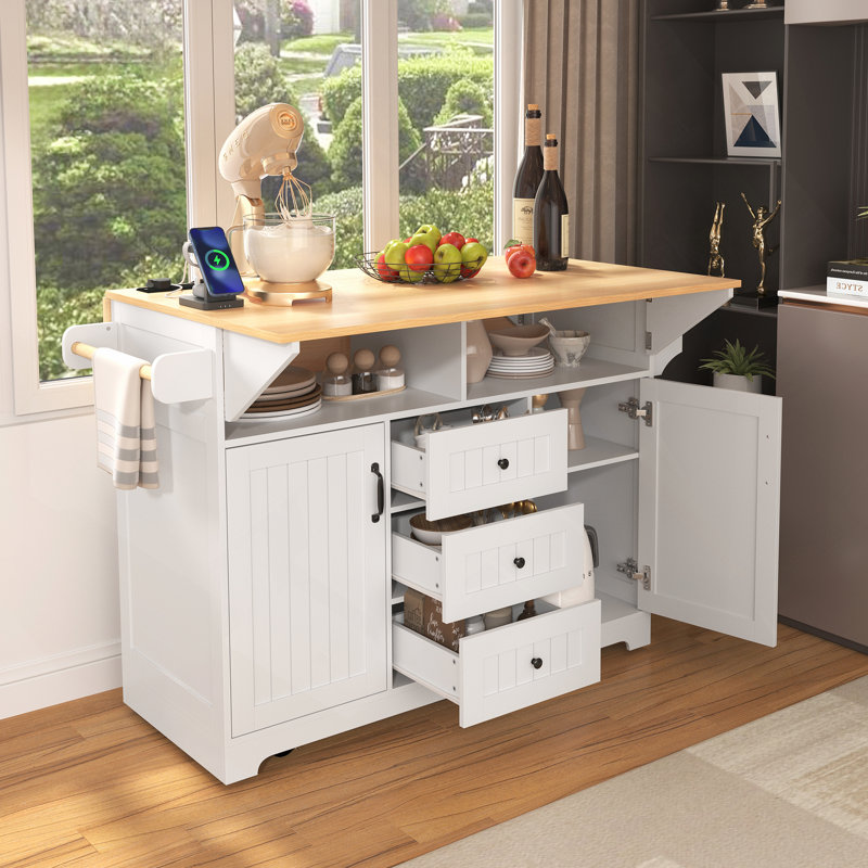 55.7'' Large Kitchen Island with 2 Drop Leaf,, Rolling Kitchen Cart on 5 Wheels with Power Outlet, Folding Storage Dining Table with Spice & Towel Rack , 3 Drawers, for Kitchen, Dining Room,White