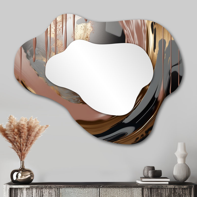 Abstract Golden and pink infinity rivers III - Liquid Ink Asymmetrical Decorative Mirror, Modern Cloud Wall Mirror, Printed Metal Art