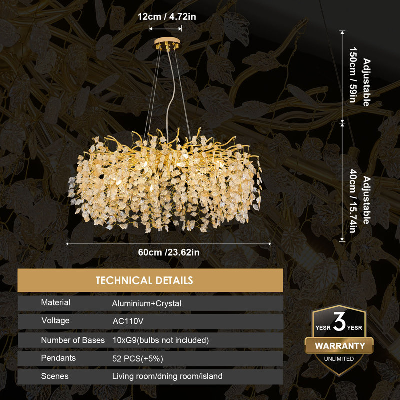1 - Light Chandelier, 15.7" H x 23.6" W x 23.6" D