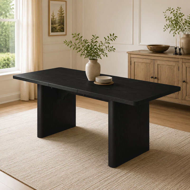 Extendable Rectangular Farmhouse Dining Table with Leaf, Black