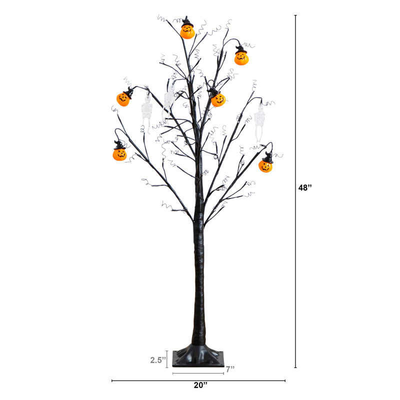 4 pi. Arbre d'ornement artificiel pré-éclairé avec citrouilles et crânes d'Halloween avec 64 lumières DEL blanc chaud
