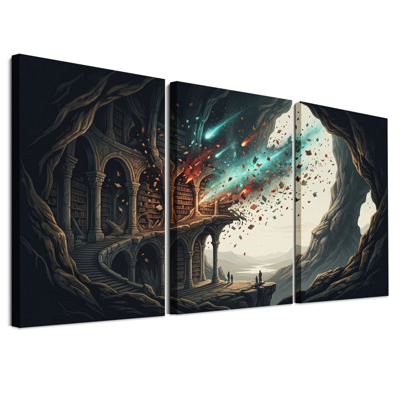 Bibliothèque fantastique avec livres volants et montagne - Ensemble de 3 toiles murales, 18"H x 12"W x 3pcs