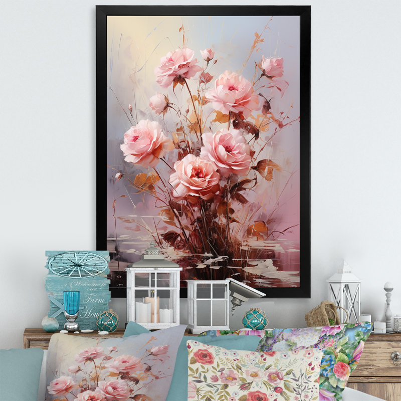 Loran Pink Romantic Roses Bouquet sur toile, Cadre photo noir, H 20 po x l 12 po x P 1 po
