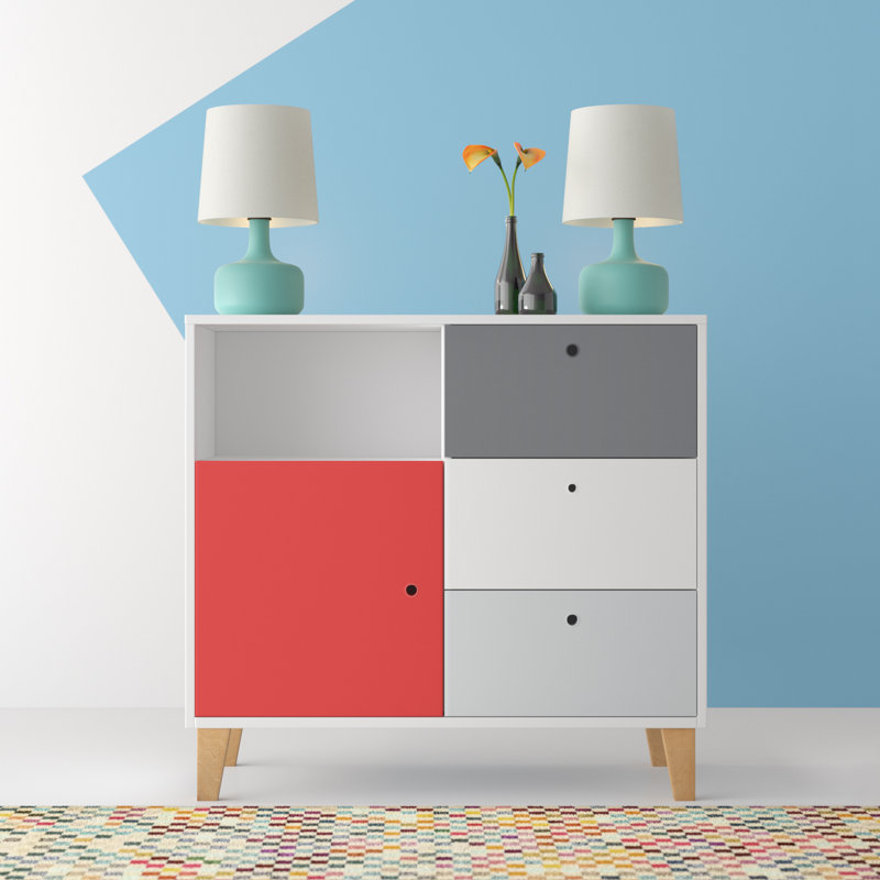 Aleana Solid Wood 103.5cm W 3 - Drawer Chest of Drawers, White/Grey/Dark Grey/Red