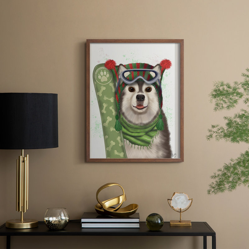 «Christmas Husky Snowboard», reproduction encadrée - bois massif, H 11 po x l 9 po, Cadre noyer