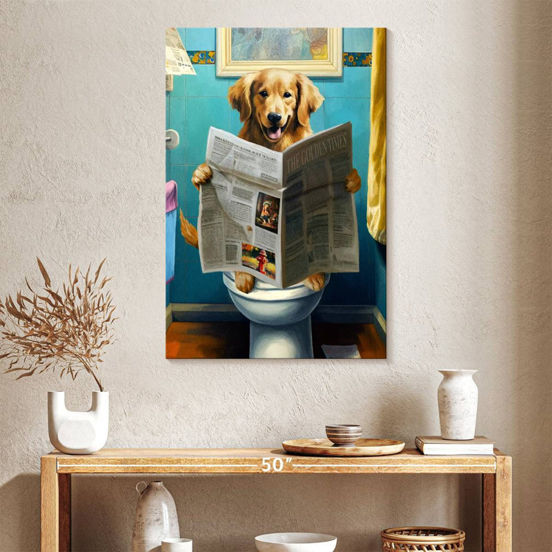 Golden retriever sur une toilette sur toile, H 39 po x l 26 po x P 1,25 po