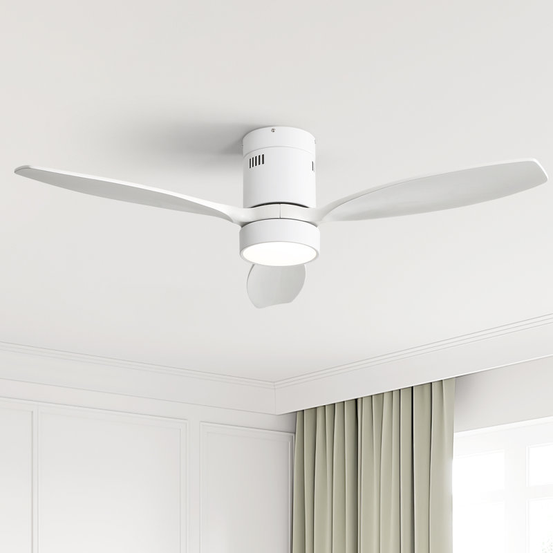 Rachel 52" 3-Solid Wood Blade Smart Modern Flush Mount Ceiling Fan with Light, Remote, APP, Voice（White）, White