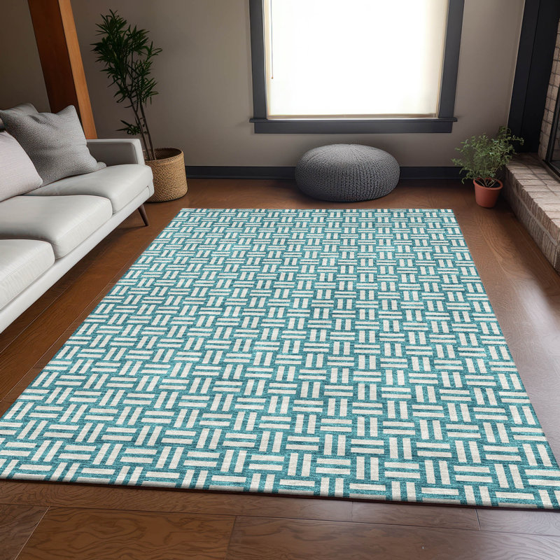 Tapis bleu sarcelle lavable à la machine Premium Prisco, Rectangle 2 pi 6 po x 3 pi 10 po