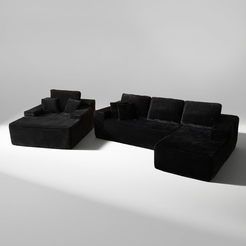 Ensemble de salon 3 pièces sans assemblage, canapé modulaire moelleux avec causeuse et méridienne, Noir, Orienté à droite
