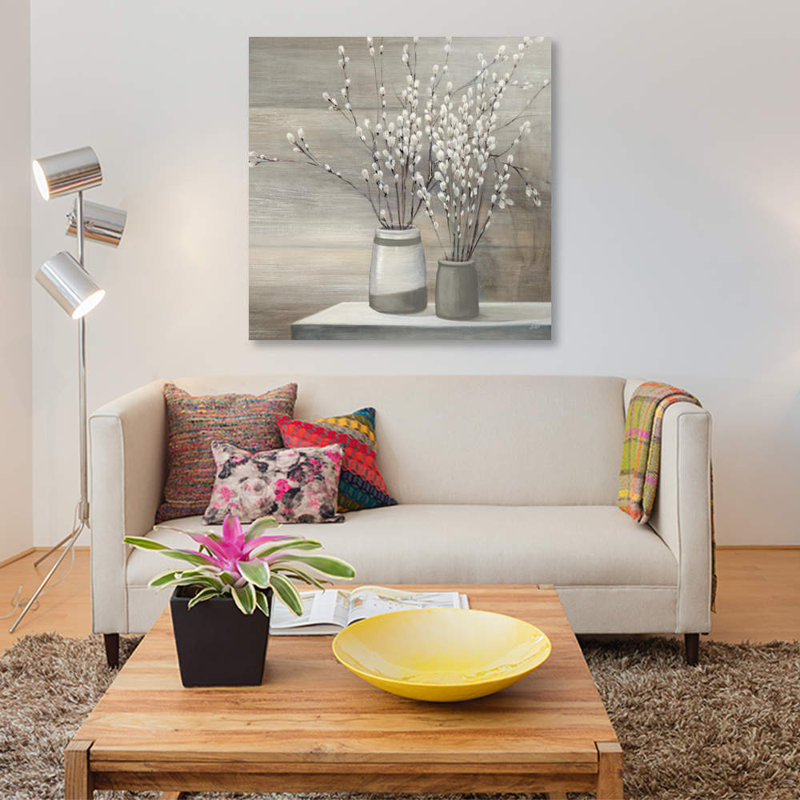 «Pussy Willow Still Life Grey Pots Crop» par Julia Purinton, impression sur toile, H 37 po x l 37 po x P 1,5 po, Toile tendue