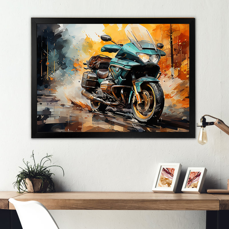 «Watercolor Motclecle Path», art mural sur toile, H 34 po x l 44 po x P 1,5 po, Cadre simple noir
