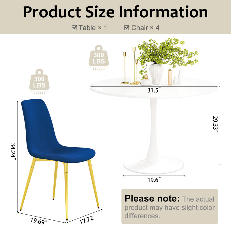 5-Piece Round Metal Pedestal Dining Table With 4 Velvet Dining Chairs, White, Blue/Gold