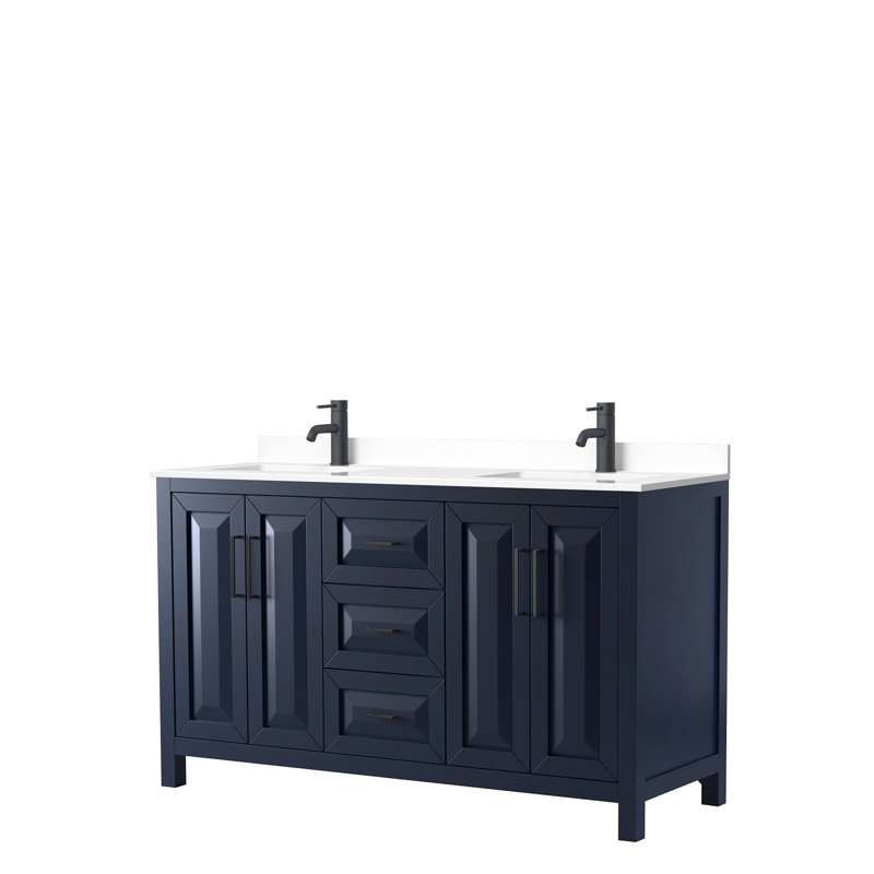 Ensemble de meuble-lavabo double 60 po Daria, Bleu foncé, Marbre de culture blanc, Noir mat
