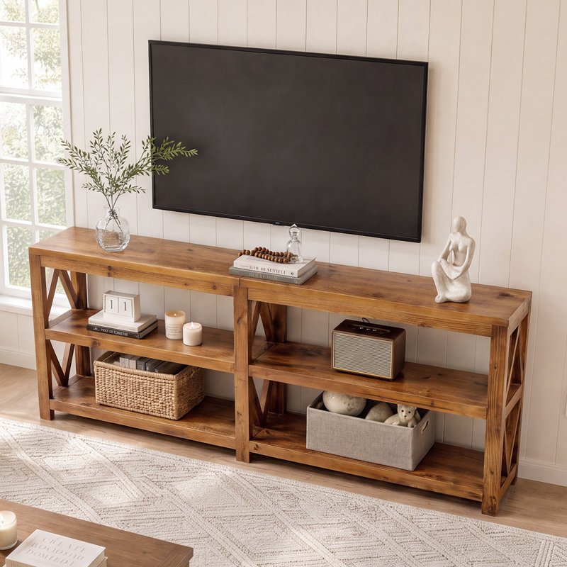 Meuble télé 78,74 po en bois massif, console rustique de style campagnard avec tablettes de rangement ouvertes à 3 niveaux, console multimédia à cadre en X pour le salon