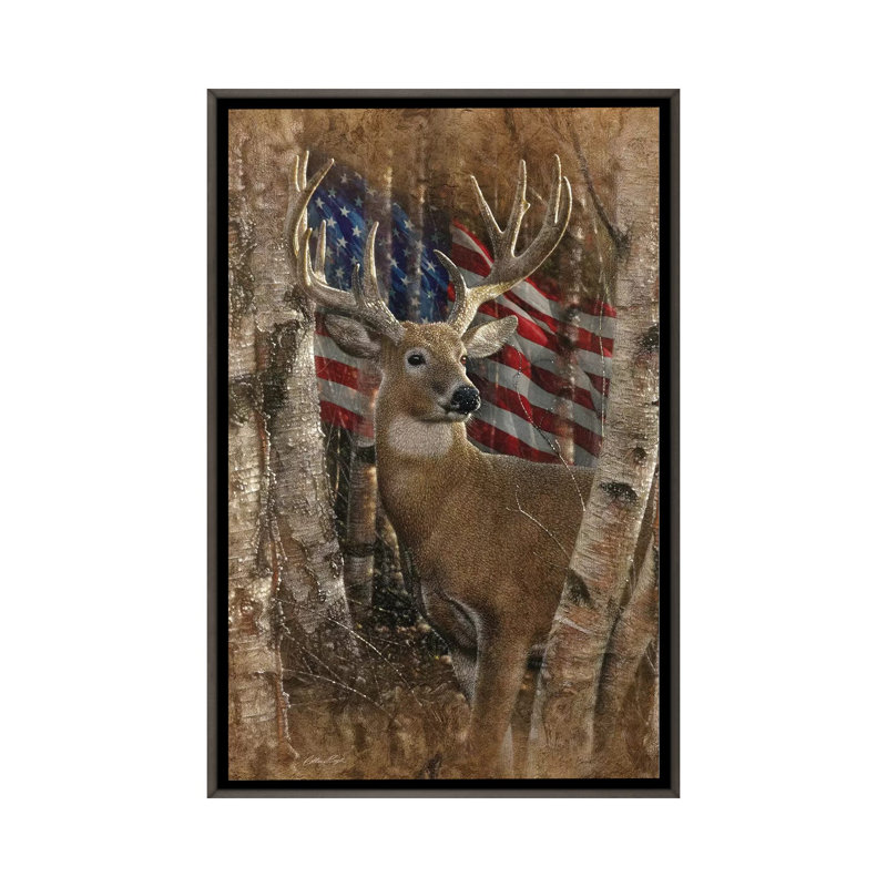 Whitetail Buck America par Collin-gris-impression d’art graphique, Toile encadrée de bois rustique foncé, Pas de tapis