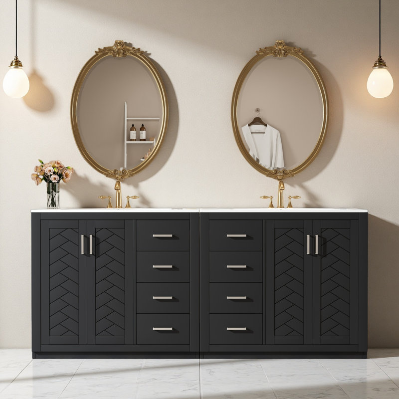 Meuble-lavabo 72 po avec lavabo en céramique (séparé), armoire de rangement en bois massif, Noir, Argent argent