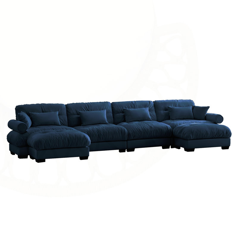 Polyvalent en forme de L avec revêtement moelleux et coussins multiples, H 35 po x l 166 po x P 61,8 po, Bleu