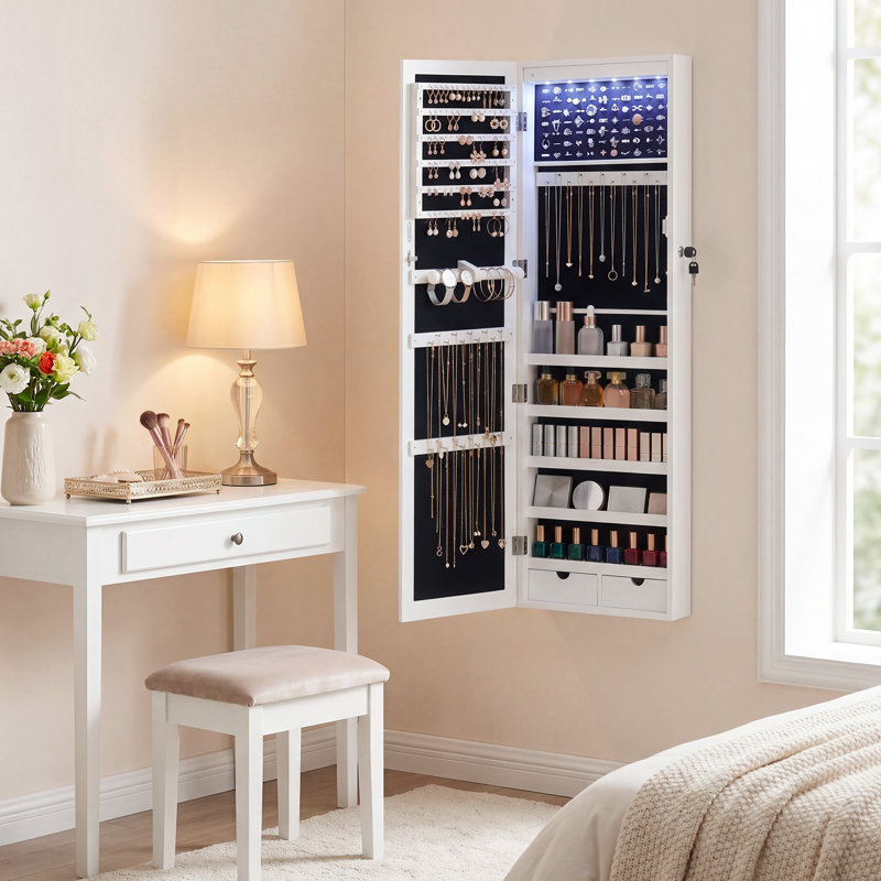 Askins Jewelry Armoire with Mirror, White
