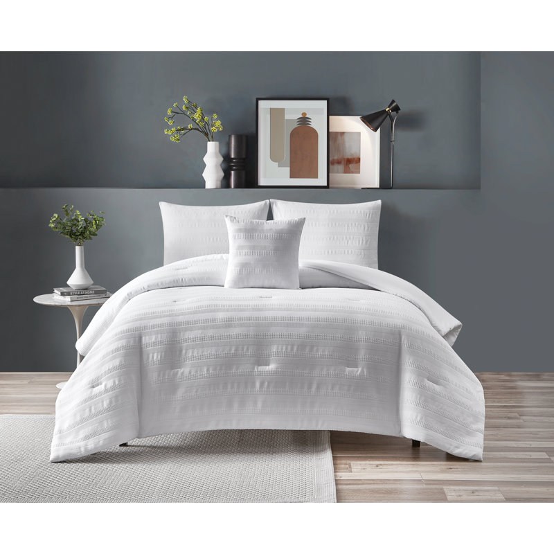 Maran Waffle 4 Piece Comforter Set, Queen Comforter  + 2 Shams + 1 Throw Pillow, White