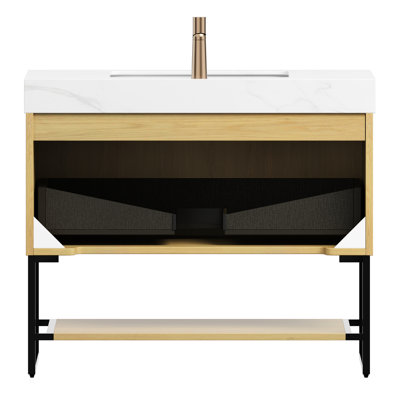 Freestanding 36" Bathroom Vanity With White Sintered Stone Counter, Undermount Ceramic Sink, Plywood Cabinet Drawer And Open Shelf, Natural Oak Grain Featuring Top, High - Quality Striped Cabinet,