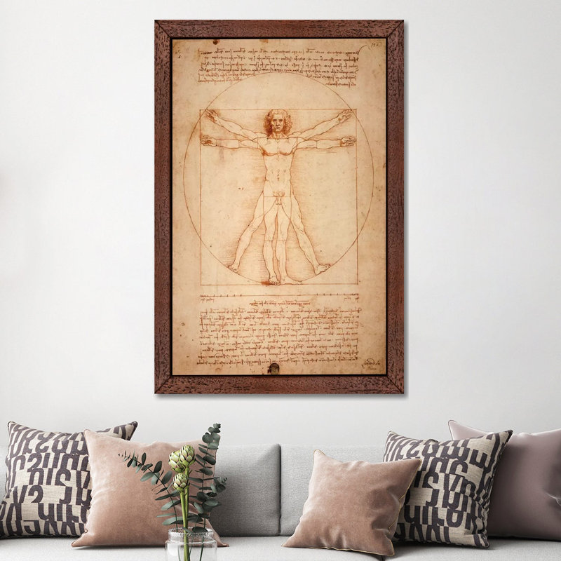 Vitruvian Man by Leonardo Da Vinci - Painting on Canvas, 101.6 cm H x 66.04 cm W, Brown Floater Framed
