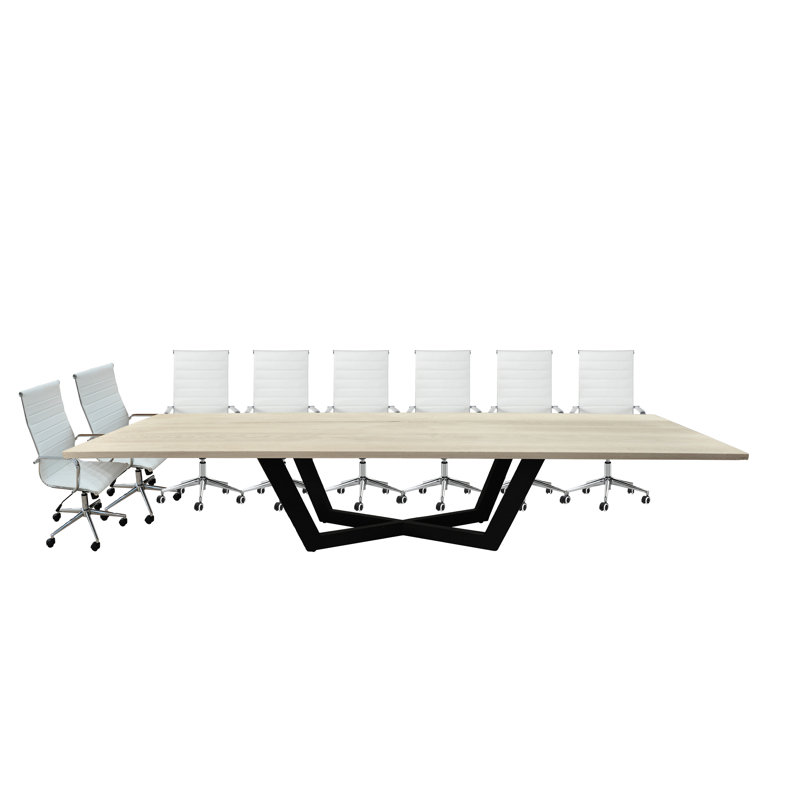 Ziran 144'' Solid Wood Rectangle Conference Table with 16 Chairs, White