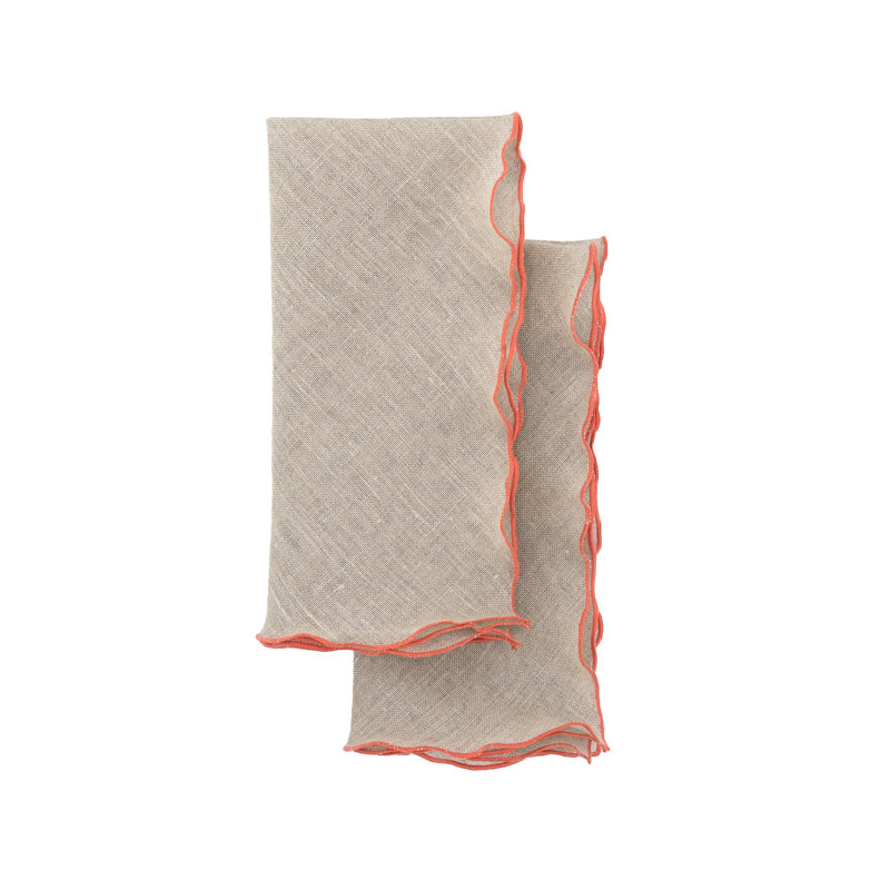 Orange Ruffled Edges 21" Linen Napkin, 4 Set, Beige/Orange