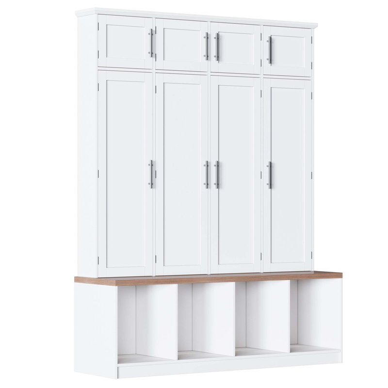 Farmhouse Hall Tree Combining Seating Bench, Shoe Cabinet, Hanging Rack and Storage Cabinets for Entryway and Living Room Organization